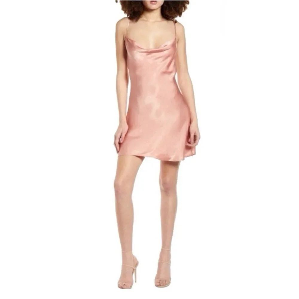 Socialite Solid Pink Satin Cowl Neck Tank Mini Dress Medium